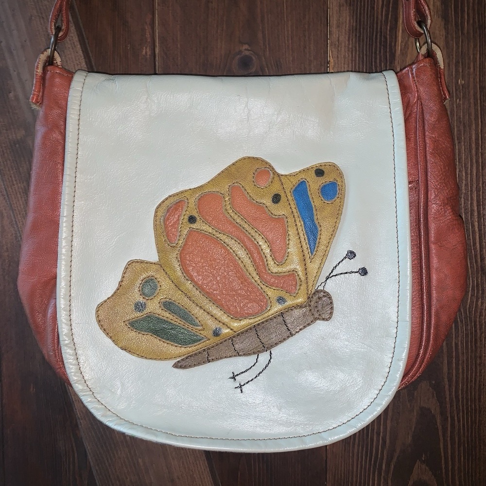 Vintage Leather Purse Appliquéd Butterfly Strap Fold Over‎ Flap Boho Hippie